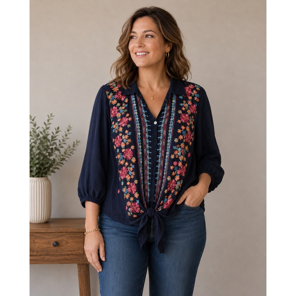 Fig and Flower Button Down‎ Shirt Womens XL Navy Blue Embroidered Tie Front Boho